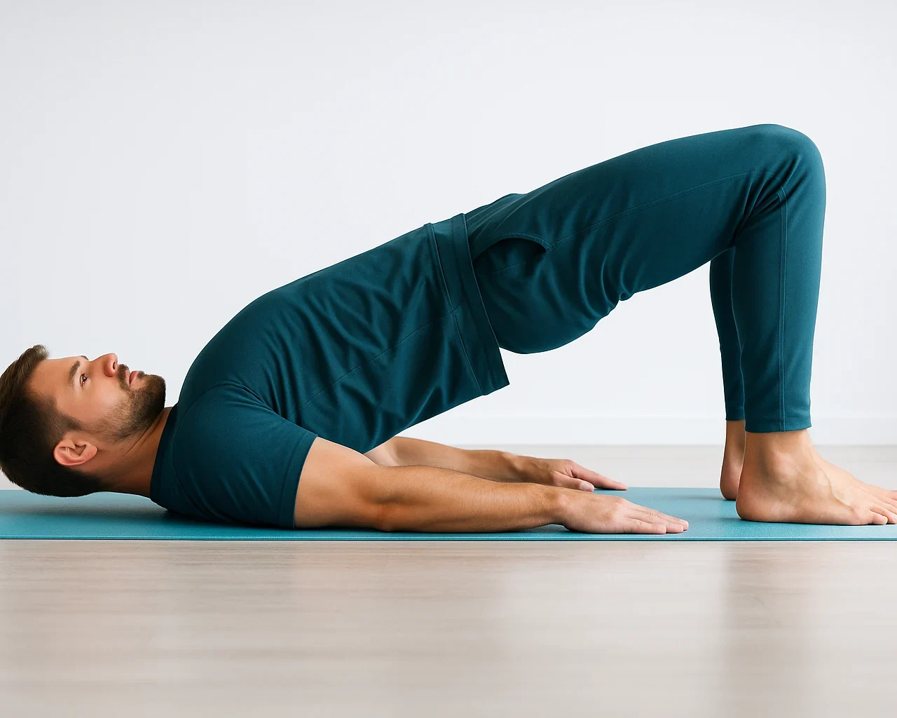 Imagem de homem fazendo yoga deitado de costas em chão de madeira, praticando relaxamento e bem-estar físico.